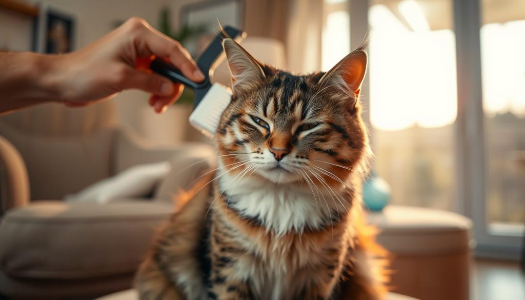 A cozy scene of a cat being groomed at home. In the foreground, a tabby cat sits patiently as its owner tenderly brushes its soft, fluffy fur with a gentle hand. The cat's eyes are half-closed in contentment, basking in the care and attention. In the middle ground, a comfortable living room setting with a plush armchair and warm lighting creates a soothing, domestic atmosphere. The background features a window overlooking a tranquil outdoor scene, with soft natural light filtering in. The overall mood is one of relaxation, intimacy, and the special bond between a cat and its human caretaker.