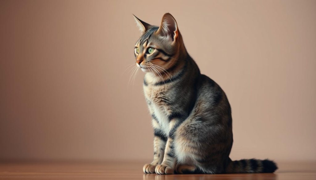 A striking image of a feline's body language, showcasing the subtle yet expressive motions that reveal a cat's inner state. Capture a graceful, tabby-patterned cat sitting upright, alert and attentive, with its ears perked forward, eyes focused, and tail curled neatly around its paws. Bathe the scene in warm, natural lighting that accentuates the cat's glossy fur and elegant contours. Utilize a medium close-up perspective to highlight the nuanced details of the cat's posture and facial cues, inviting the viewer to interpret the unspoken communication. Convey a sense of calm, contemplation, and the deep, intuitive bond between a cat and its observant companion.