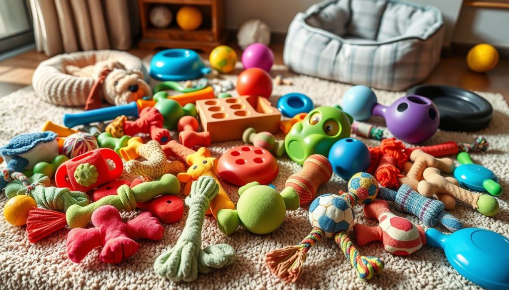 A vibrant and engaging scene of various dog toys and accessories laid out on a cozy, textured surface. In the foreground, an assortment of plush squeaky toys, tug ropes, and chew bones in a range of bright, playful colors. In the middle ground, a selection of interactive puzzle toys and treat dispensers, designed to stimulate a dog's natural curiosity and problem-solving skills. In the background, a few classic rubber balls and frisbees, along with a dog bed and a water bowl, creating a complete and inviting home environment for a beloved canine companion. The lighting is warm and natural, casting a soft, welcoming glow over the scene. This image is the perfect representation of the "Hundespielzeug und Beschäftigung" section, brought to you by MyHomepets.coom.